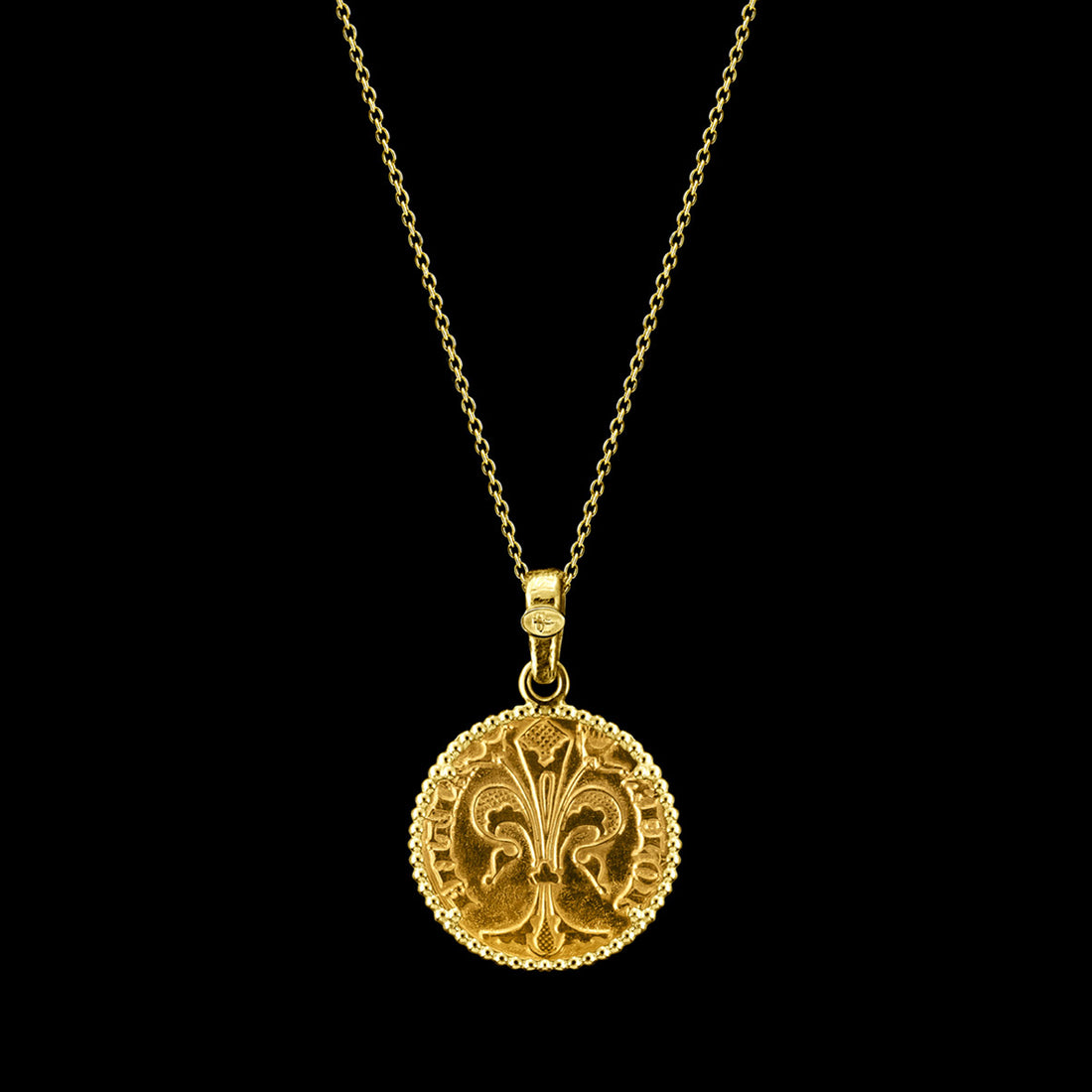 24kt pure gold florin coin necklace with Florentine lily, 18kt gold beaded bezel, handcrafted in Florence by Torrini 1369