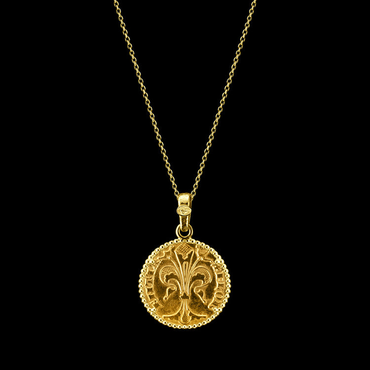 24kt pure gold florin coin necklace with Florentine lily, 18kt gold beaded bezel, handcrafted in Florence by Torrini 1369