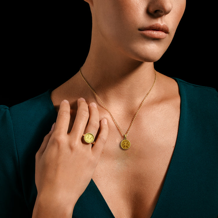 24kt Gold Florentine Coin Necklace – Quarter Florin, worn on the neck with the matching coin ring