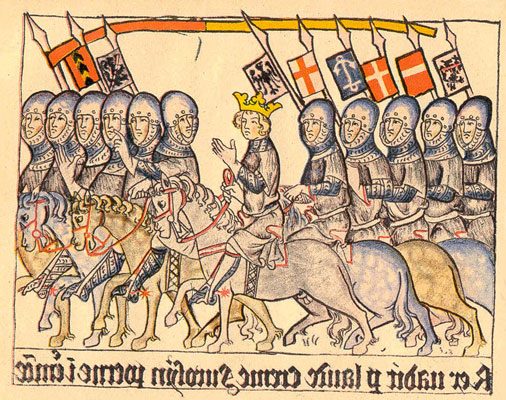 Medieval illumination of King Arrigo's retinue riding towards Florence